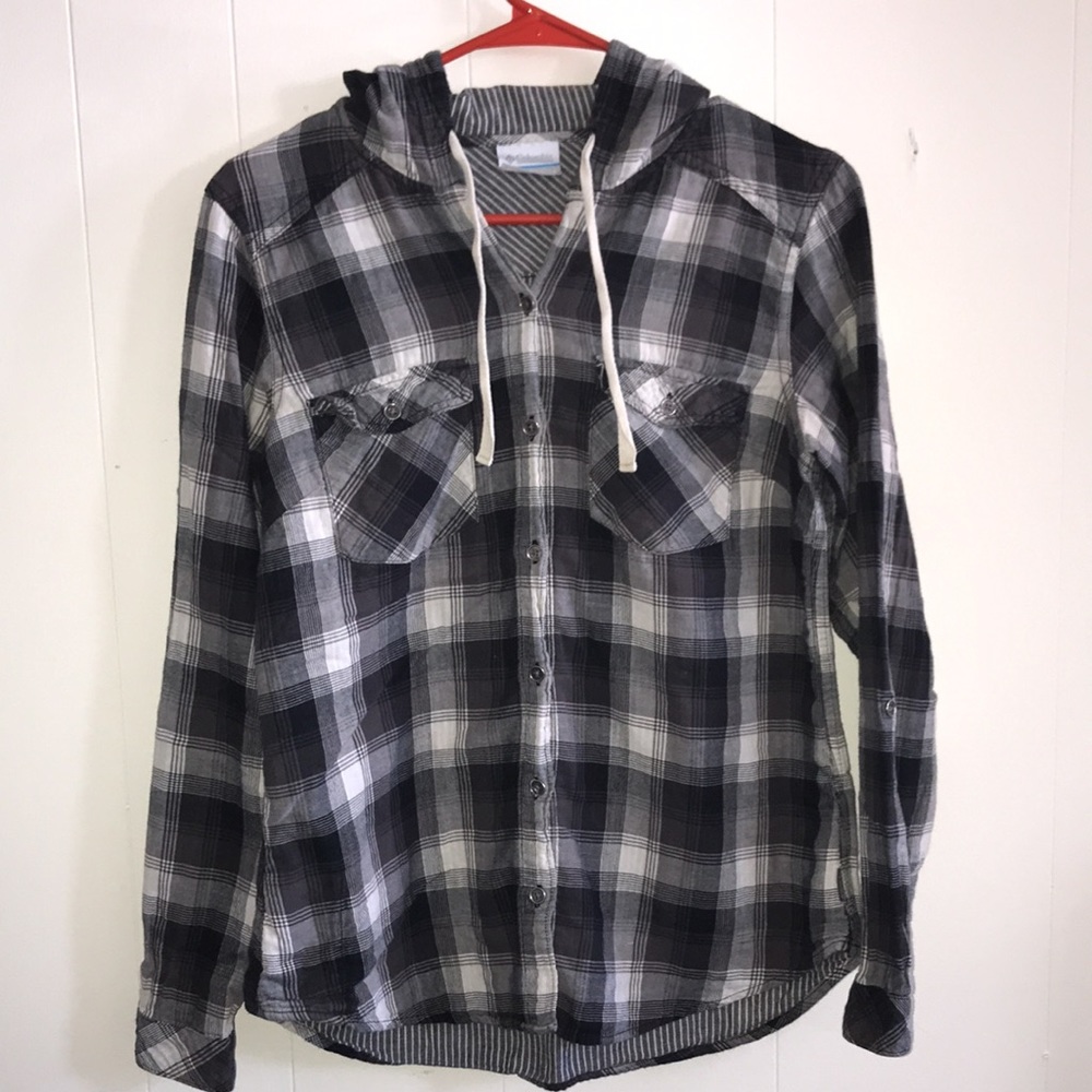 Columbia black and grey button down hooded shirt